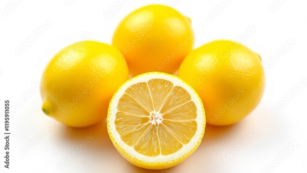 Close-up of four vibrant yellow lemons, one cut in half, on a bright white background Close-up of four vibrant yellow lemons, one cut in half, on a bright white background