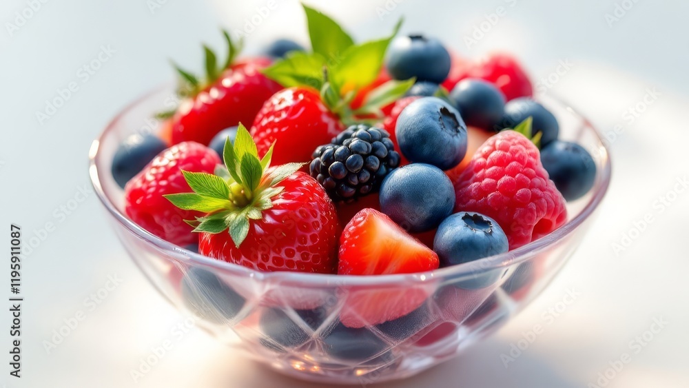Close-up of a glass bowl filled with mixed berries including strawberries, blueberries, raspberries and blackberries under bright soft light Close-up of a glass bowl filled with mixed berries including strawberries, blueberries, raspberries and blackberries under bright soft light