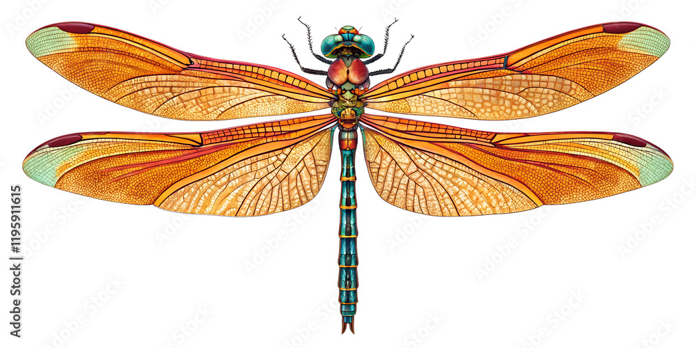 Detailed illustration of a vibrant dragonfly showcasing colorful wings and intricate body patterns in a natural setting Detailed illustration of a vibrant dragonfly showcasing colorful wings and intricate body patterns in a natural setting