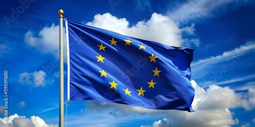 European Union flag waving against a blue sky with clouds, symbolizing unity and cooperation among member states during a sunny day photo