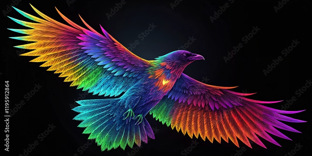 Colorful hawk in flight showcasing brilliant rainbow feathers in a dramatic black background with vivid details wallpaper background Colorful hawk in flight showcasing brilliant rainbow feathers in a dramatic black background with vivid details wallpaper background