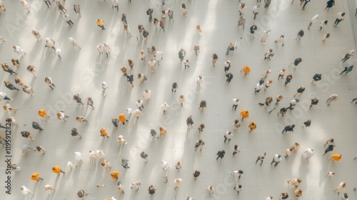 Aerial view of a crowd with dynamic movement, showcasing a network of people spread across a light-colored surface.
