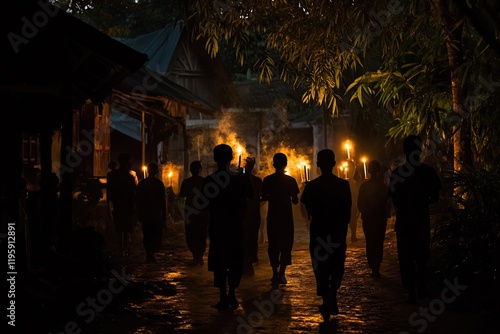 Silhouetted figures walk with torches through dimly lit path sur photo