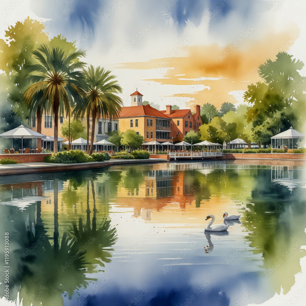 Obraz premium Watercolor illustration of Winter Park, Florida’s beautiful downtown area, with its scenic park and lakeside setting. 