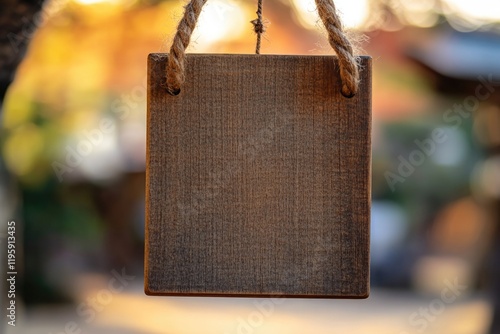 Rustic wooden sign hanging, illuminated by warm sunset glow, inv photo