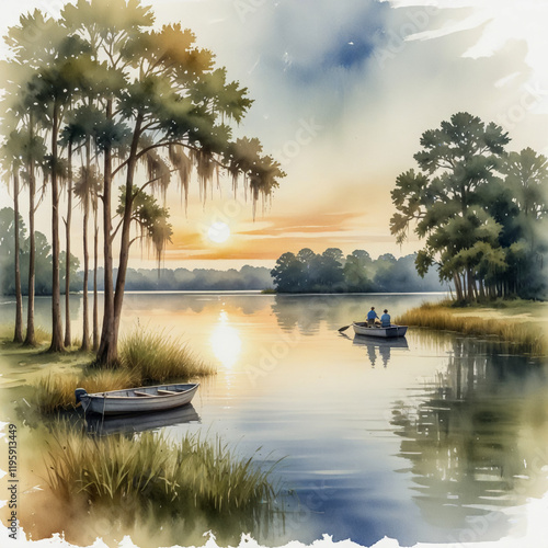 Watercolor illustration of Cordele, Georgia, showcasing the beauty of Lake Blackshear. photo