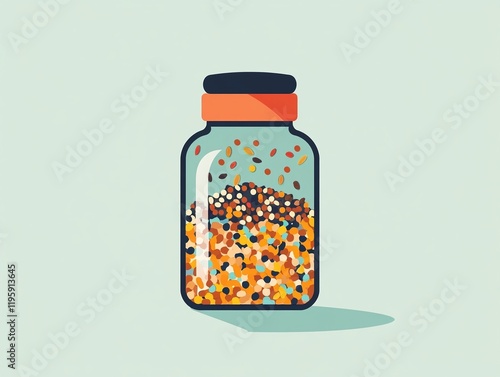 Minimalist vector illustration of a glass jar filled with colorful seeds symbolizing abundance and sustainability photo