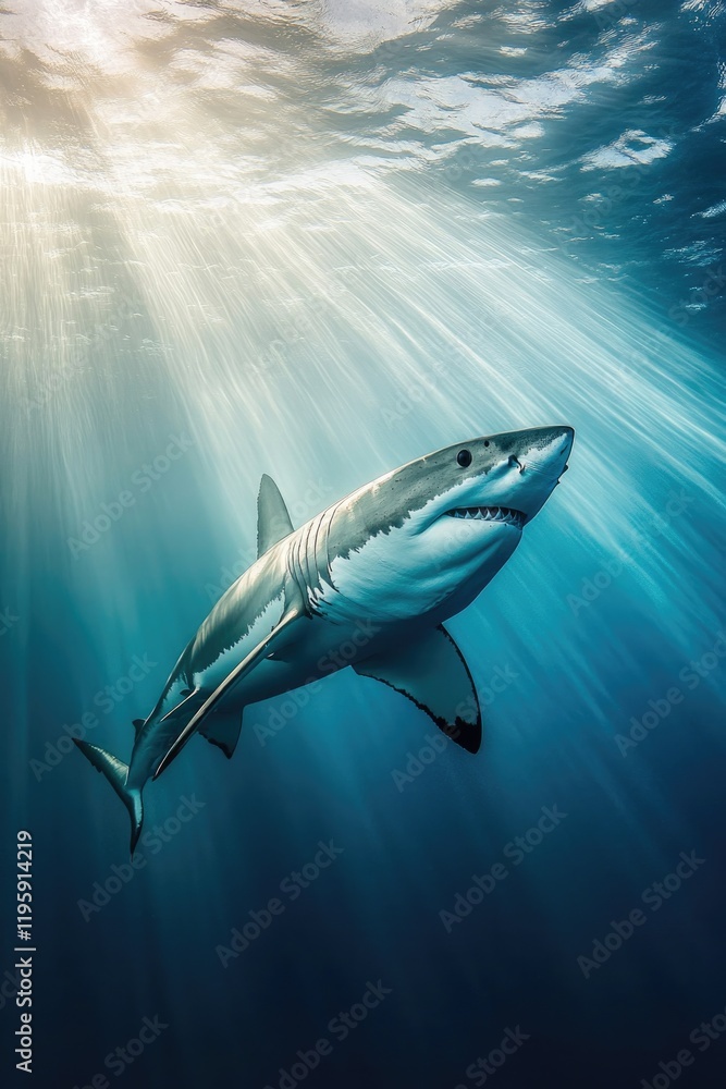 Naklejka premium Majestic shark gliding through serene waters, illuminated by sun