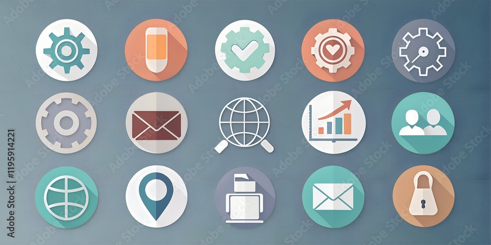 Collection of modern icons representing various digital tools and concepts for web and app development Collection of modern icons representing various digital tools and concepts for web and app development