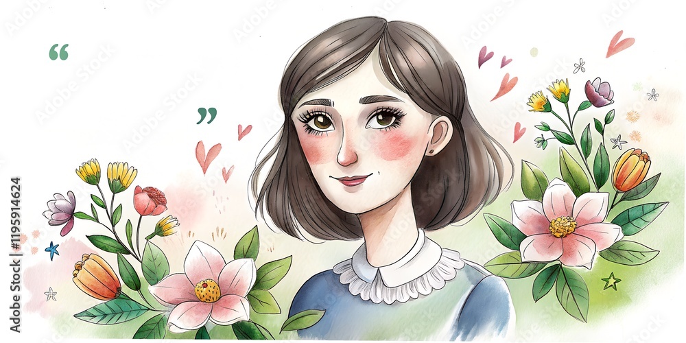 Charming illustration of a young woman surrounded by vibrant flowers and hearts, capturing a joyful and whimsical atmosphere in a pastel color palette Charming illustration of a young woman surrounded by vibrant flowers and hearts, capturing a joyful and whimsical atmosphere in a pastel color palette