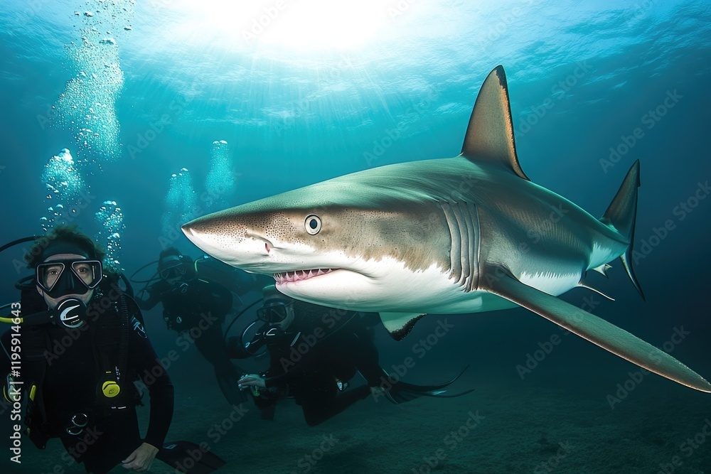 Majestic shark gliding through clear waters, surrounded by diver Majestic shark gliding through clear waters, surrounded by diver