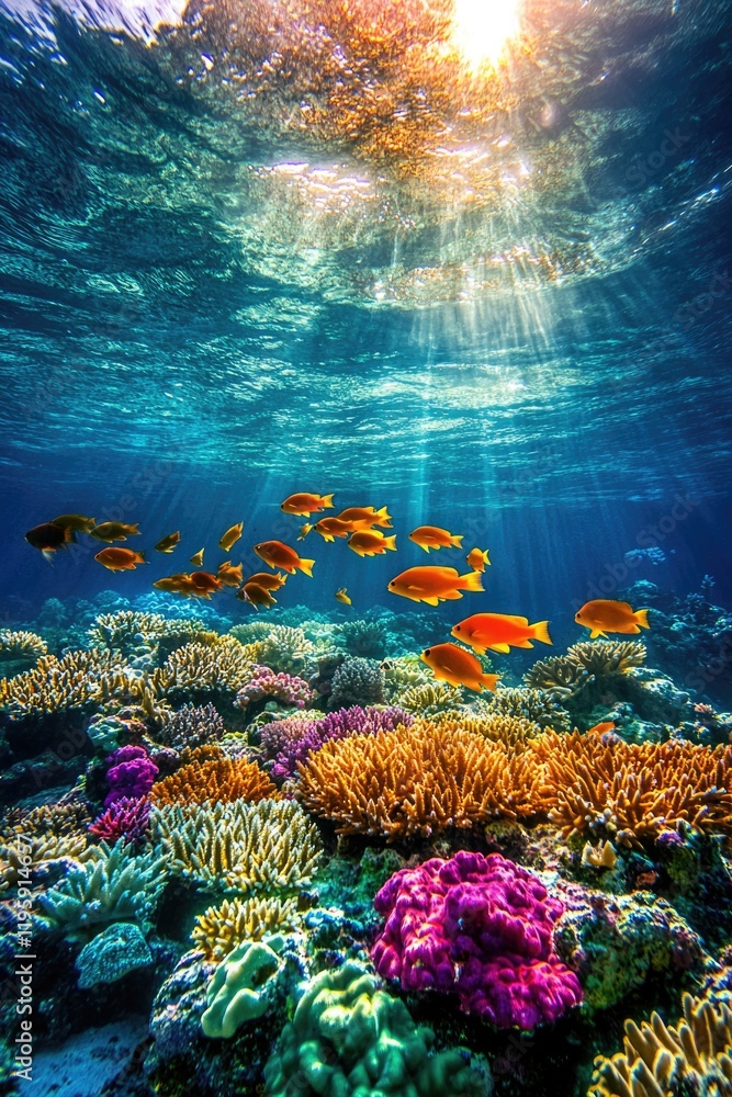 Obraz premium Vibrant underwater scene showcases colorful corals and swimming