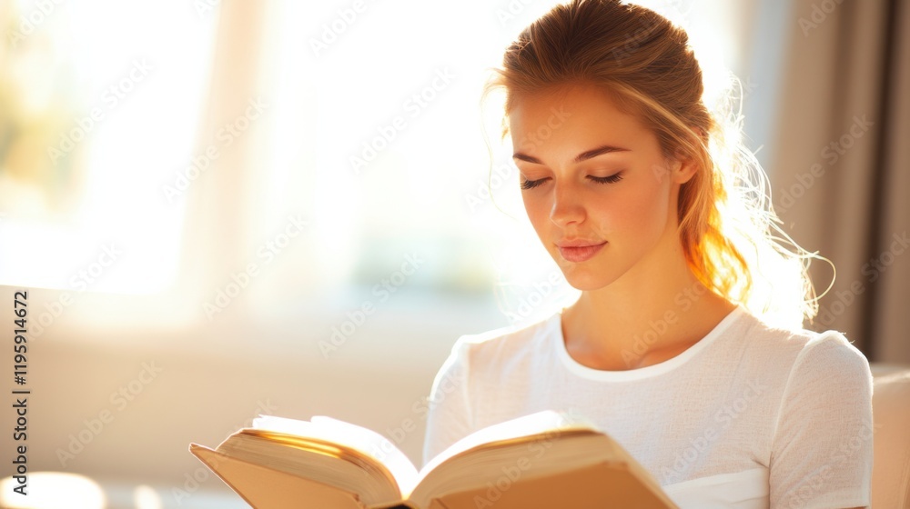 A young woman with blonde hair is reading a book in a brightly lit room, showcasing a peaceful and focused expression. The sunlight softly illuminates her face. A young woman with blonde hair is reading a book in a brightly lit room, showcasing a peaceful and focused expression. The sunlight softly illuminates her face.