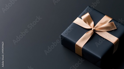 A dark blue gift box with a gold satin ribbon elegantly placed on a dark background, exuding a sense of luxury and sophistication.