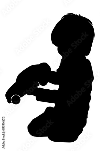 Children silhouettes. Little boy playing with a toy car. Vector illustration.	
