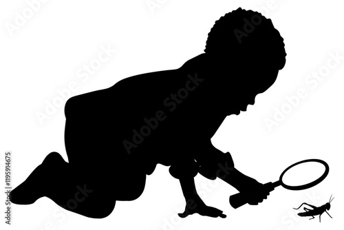Children silhouettes. Little boy playing with a magnifying loupe. Vector illustration.	
