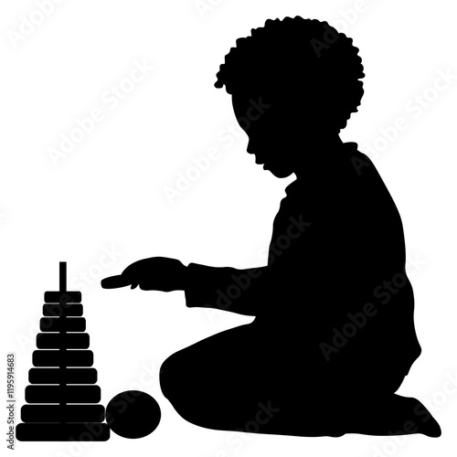 Children silhouettes. Little boy playing with a toy pyramid. Vector illustration.	

