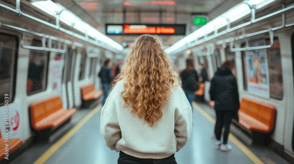 Obraz premium A woman with curly hair stands on a busy subway platform, looking at an approaching train. The setting is vibrant and slightly blurry, suggesting movement.