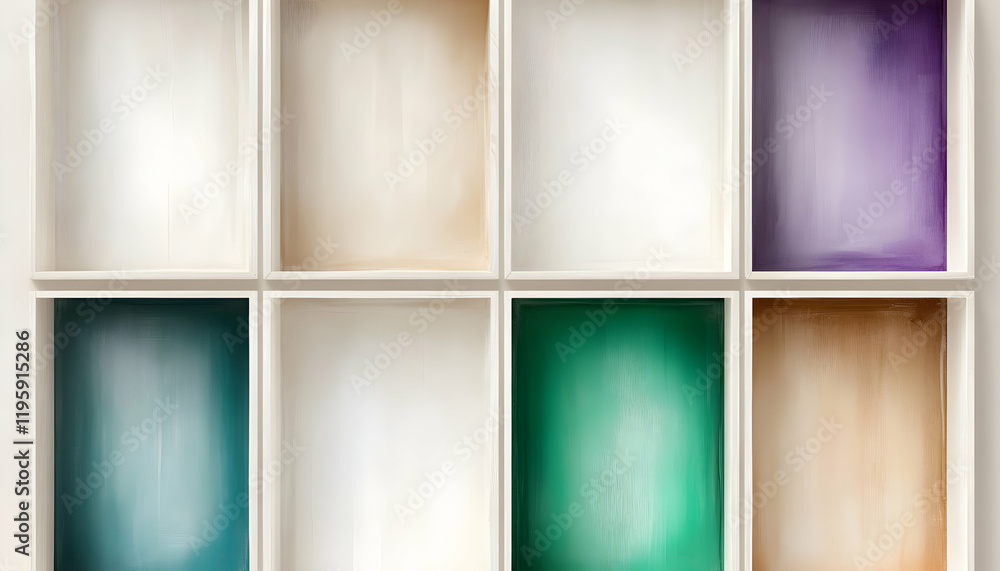 Fototapeta premium Empty colorful boxes on a white shelf; background is plain white; ideal for product displays or presentations