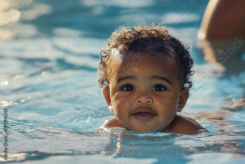 An african american baby learning to swim in the pool photo