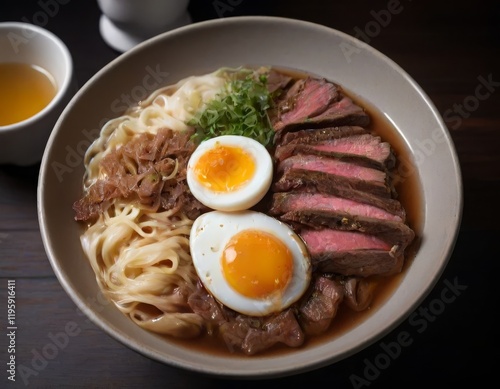 A steaming bowl of ramen with rich broth, silky noodles, marbled wagyu beef, shaved black truffles and a soft-boiled egg sitting on a dark wooden table with sake. photo