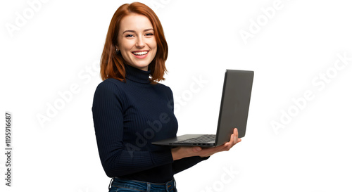 portrait of a business woman , beautiful Asian girl using laptop computer isolated on a transparent png background , lifestyle business people concept cutout