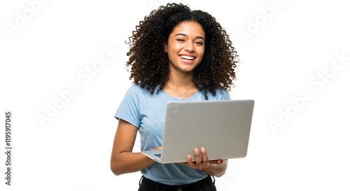 Portrait of cheerful young woman standing isolated over transparent background using laptop computer. Looking camera