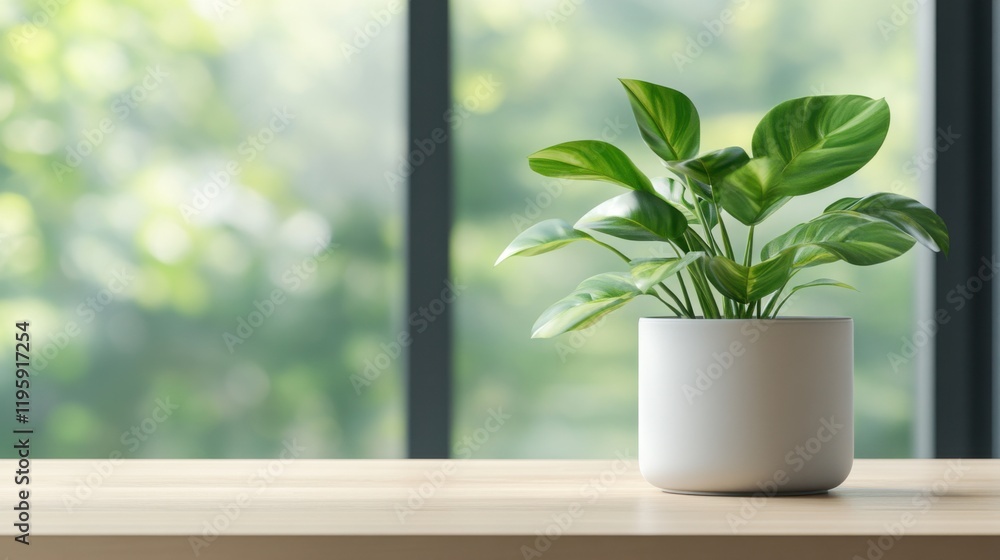A serene office space features a single lush green plant in a white pot on a light wooden desk. The background is softly blurred, emphasizing tranquility. A serene office space features a single lush green plant in a white pot on a light wooden desk. The background is softly blurred, emphasizing tranquility.