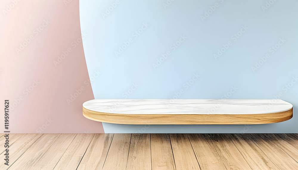 Marble shelf on wooden wall, pastel background, minimalist design, product display Marble shelf on wooden wall, pastel background, minimalist design, product display