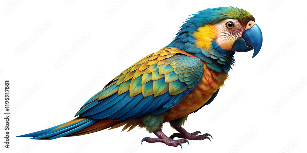 Fototapeta premium Colorful parrot perched elegantly showcasing vibrant feathers in a bright setting PNG transparent