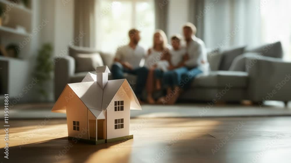 Paper house model with family sitting in background, cozy living room
Paper house model with family sitting in background, cozy living room