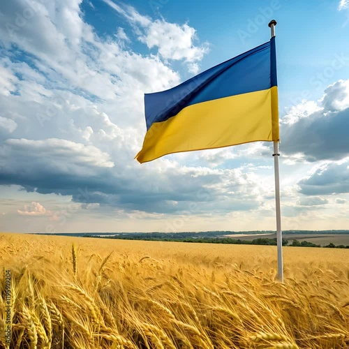 Ukrainian flag waving in golden wheat field under a bright blue sky in summer ukrainian, flag, wheat, field, blue, sky, summer, golden, rural, landscape, national, symbol, outdoors,