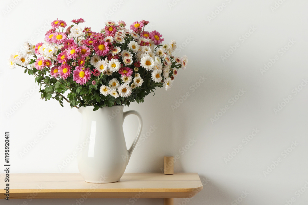 custom made wallpaper toronto digitalVase with beautiful flowers on wooden shelf near white wall, space for text