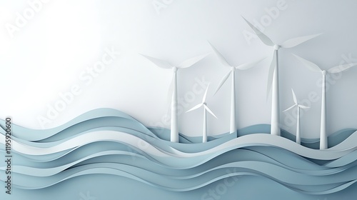 3D paper cut wind turbines, ocean waves, white background for renewable energy, eco-friendly sustainability clean power concept