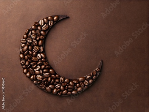 Coffee beans arranged in a crescent shape with a brown background ideal for decor photo