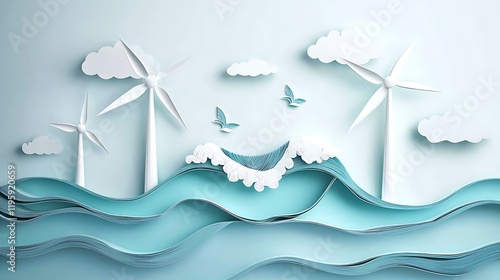 3D paper cut wind turbines, ocean waves, white background for renewable energy, eco-friendly sustainability clean power concept