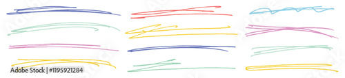 hand-drawn wavy underline and crayon strokes. Colorful charcoal texture underline. scribbles, thin or rough strokes on white background.