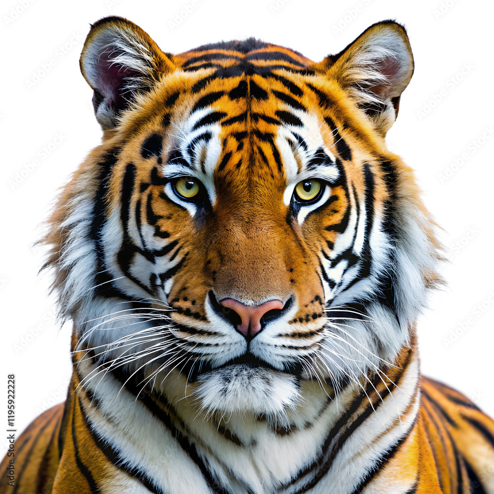 Naklejka premium Majestic tiger with striking stripes and piercing eyes gazing intently into the distance in a natural setting during daylight hours PNG transparent