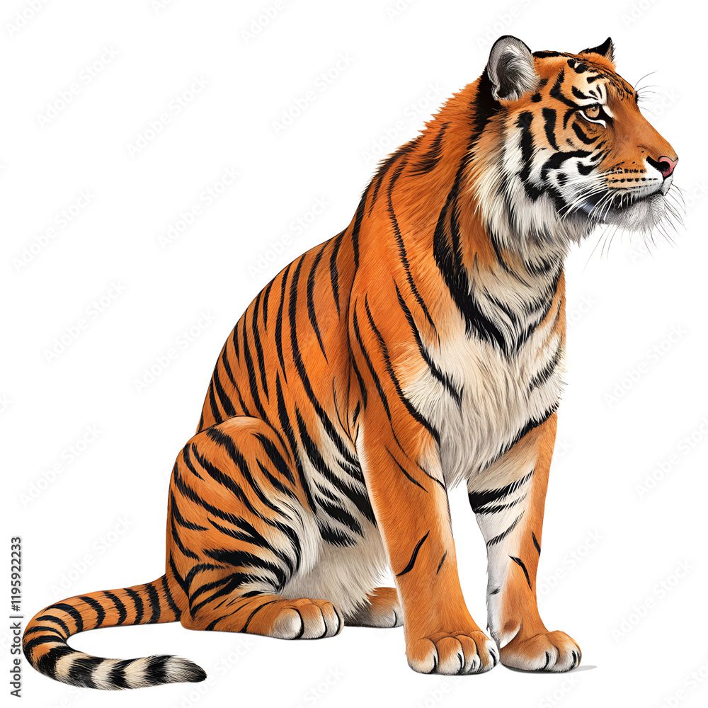 Obraz premium Majestic tiger sitting gracefully, showcasing its vivid orange fur and striking black stripes in a natural setting PNG transparent