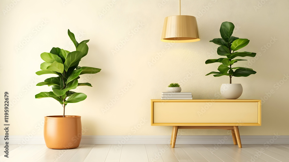Minimalist living room interior design with fiddle leaf figs, mid-century modern console table, and pendant lamp. Ideal for home décor websites or magazines Minimalist living room interior design with fiddle leaf figs, mid-century modern console table, and pendant lamp. Ideal for home décor websites or magazines