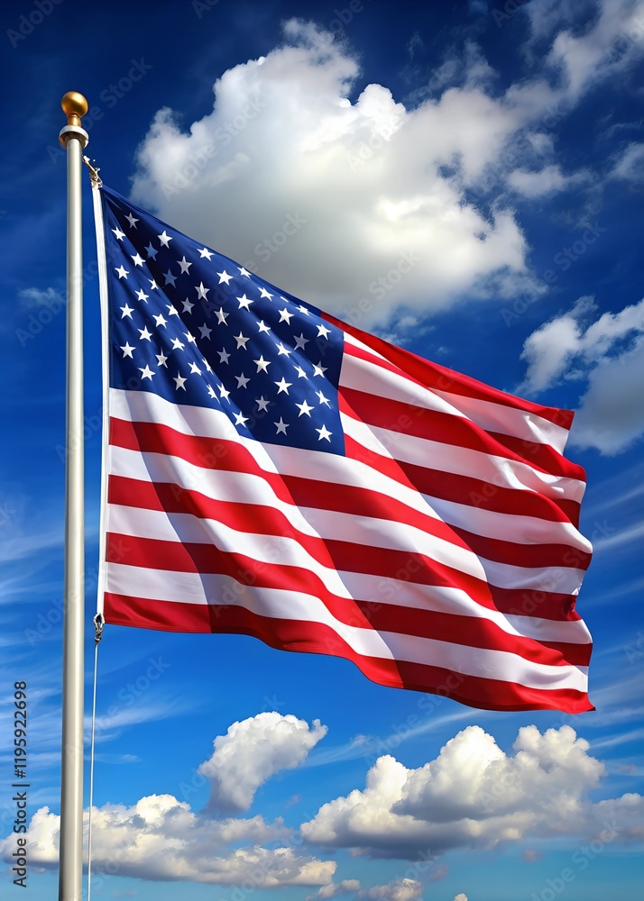 Obraz premium American flag waving proudly under a bright blue sky with fluffy clouds during a sunny day in the United States