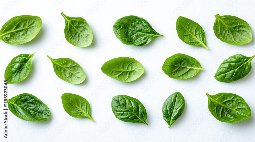 Fresh spinach leaves arranged on white background, overhead shot, food photography, healthy eating Fresh spinach leaves arranged on white background, overhead shot, food photography, healthy eating