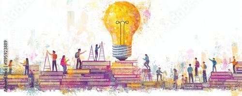 Creative illustration of teamwork achieving ideas and innovation with colorful books