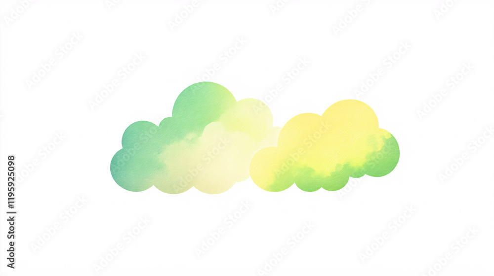 A pair of clouds in soft pastel gradients blending yellow and green tones over a white background with a calm and peaceful atmosphere
A pair of clouds in soft pastel gradients blending yellow and green tones over a white background with a calm and peaceful atmosphere
