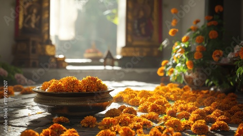 Decorative arrangements of marigold flowers in homes and temples. photo