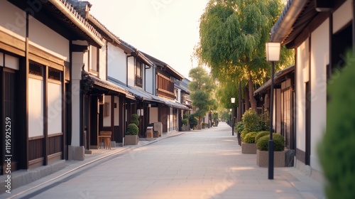 A serene evening scene of a traditional Japanese street in Tokyo, featuring classic wooden houses and soft street lighting under a calm sky.