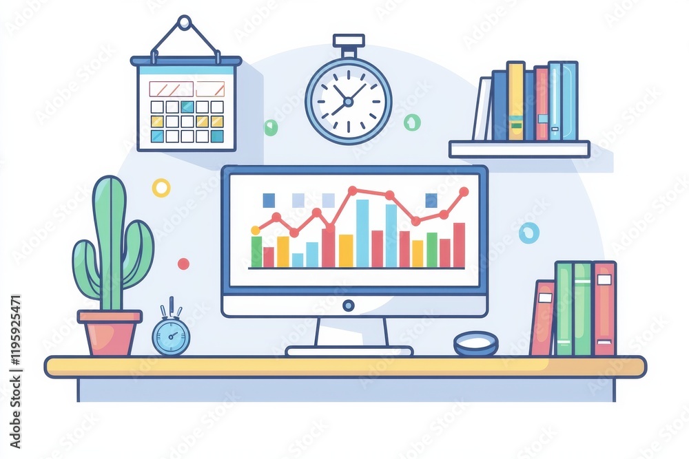 Fototapeta premium Flat illustration of a home office desk with analytics chart