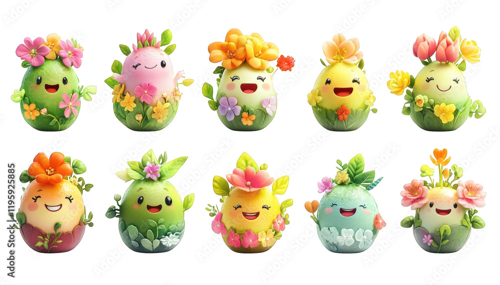 Fototapeta premium Cute Spring Floral Egg Characters Happy Easter 3D Render
