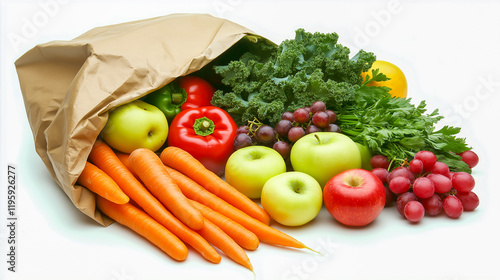 Fototapeta Naklejka Na Ścianę i Meble -  An abundance of fresh, vibrant produce spilling out of a brown paper grocery bag onto a clean, white surface.
