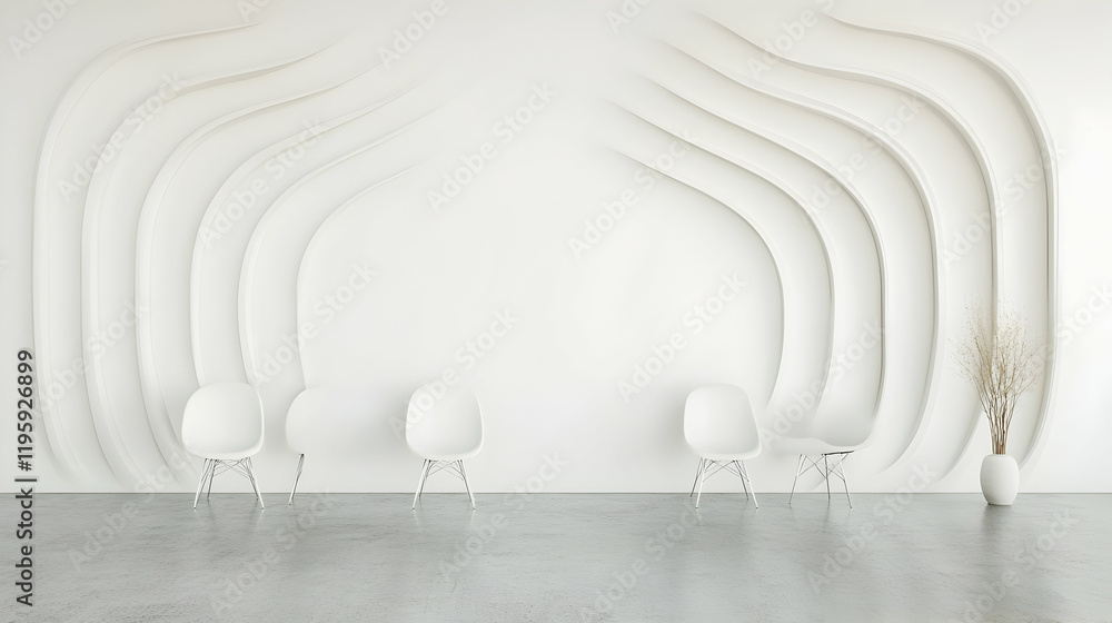 Obraz premium Minimalist white waiting room with curved wall design, empty chairs, and plant; ideal for interior design websites